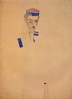 Egon Schiele Canvas Paintings - Man with Blue Headband and Hand on Cheek